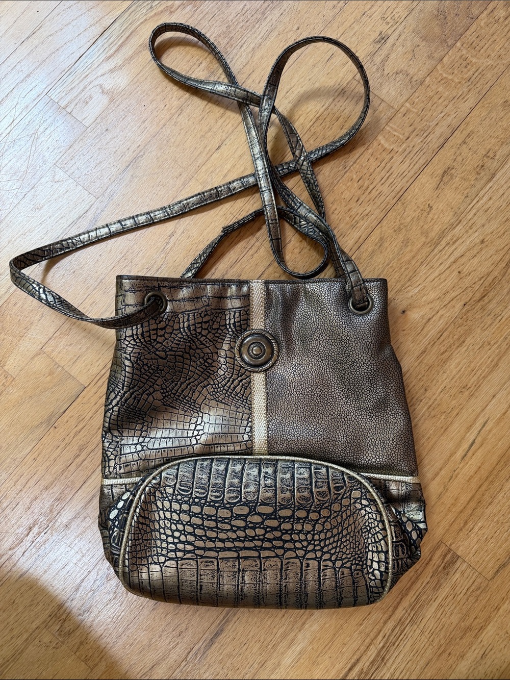 Metallic Bronze Croc-Embossed Crossbody Bag- Vintage 80s